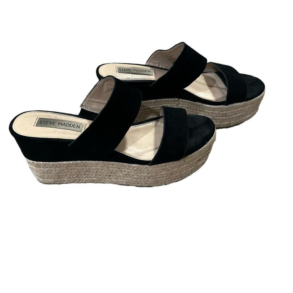 STEVE MADDEN Espadrille Wedge‎ 7 Black Natural Slip On Jute Summer Casual